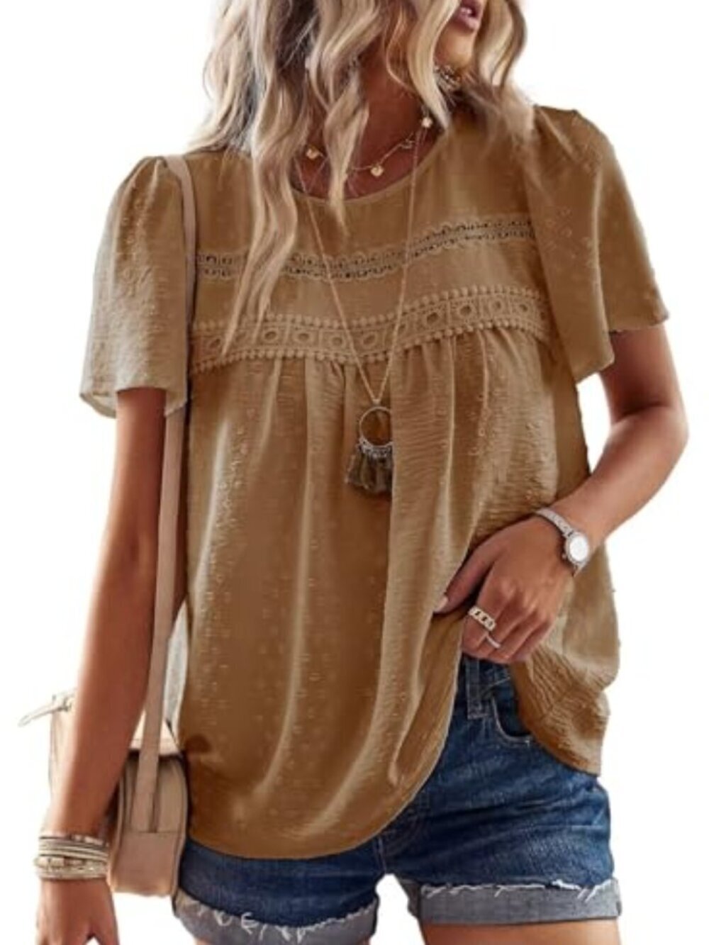 🆕 Womens Summer Tops Crewneck Short Sleeve Shirts Casual Chiffon Blouses Flowy